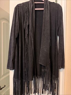 Open-Front Fringe Cardigan Shrug - Black